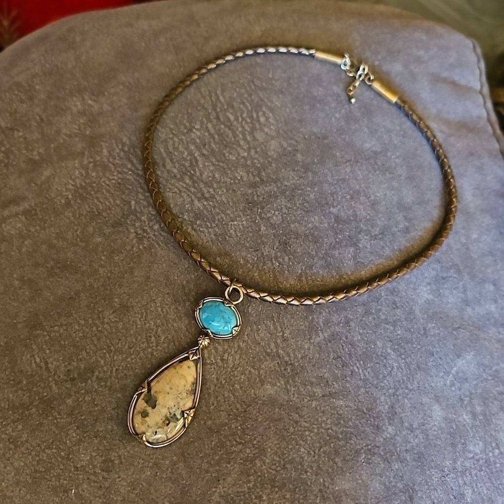 BARSE Interchangeable Jasper Turquoise Pendant Bronze Leather Cord Necklace - Picture 5 of 11